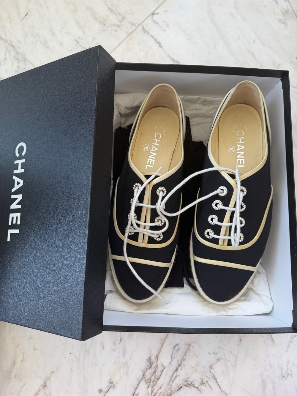 CHANEL navy Canvas Lace-Up Flats shoes with Cream Trim and pearls sz40 $800